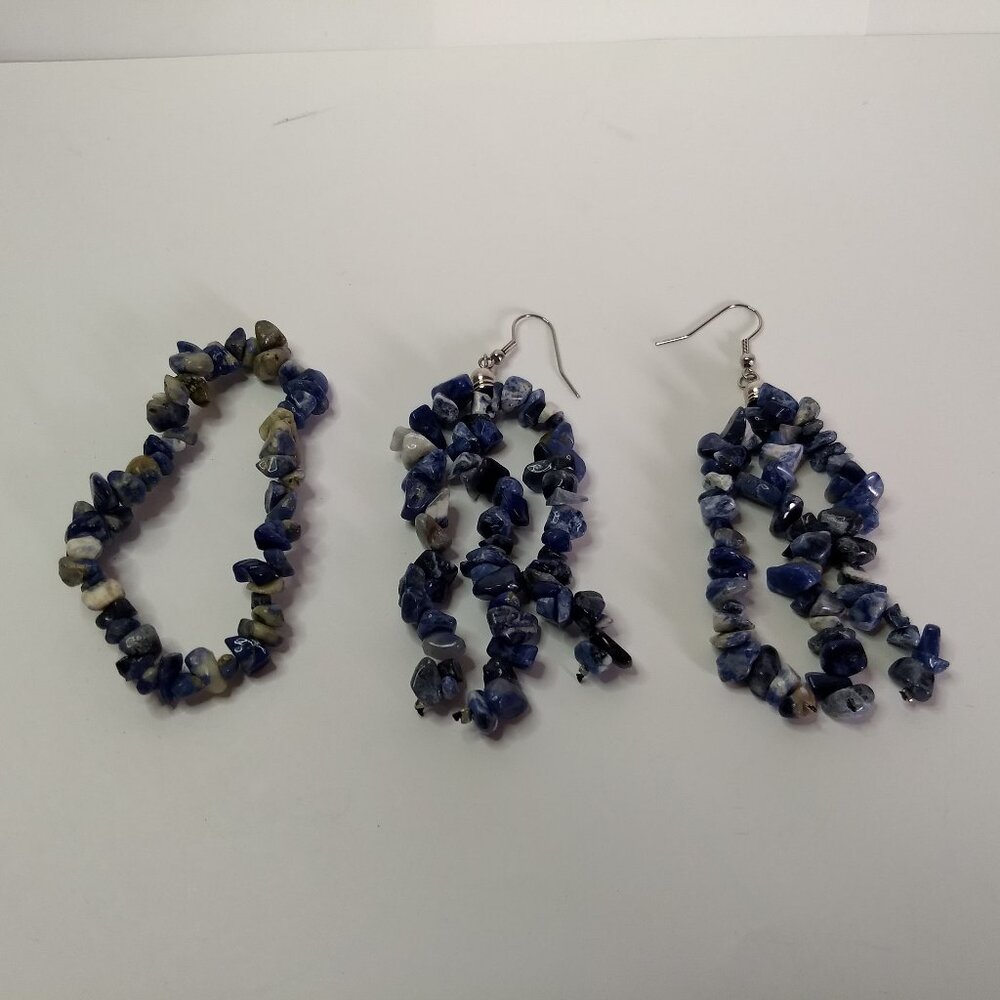 Blue Stone Dangle Earrings and Elastic Bracelet Set Western Boho Bohemian Hippie